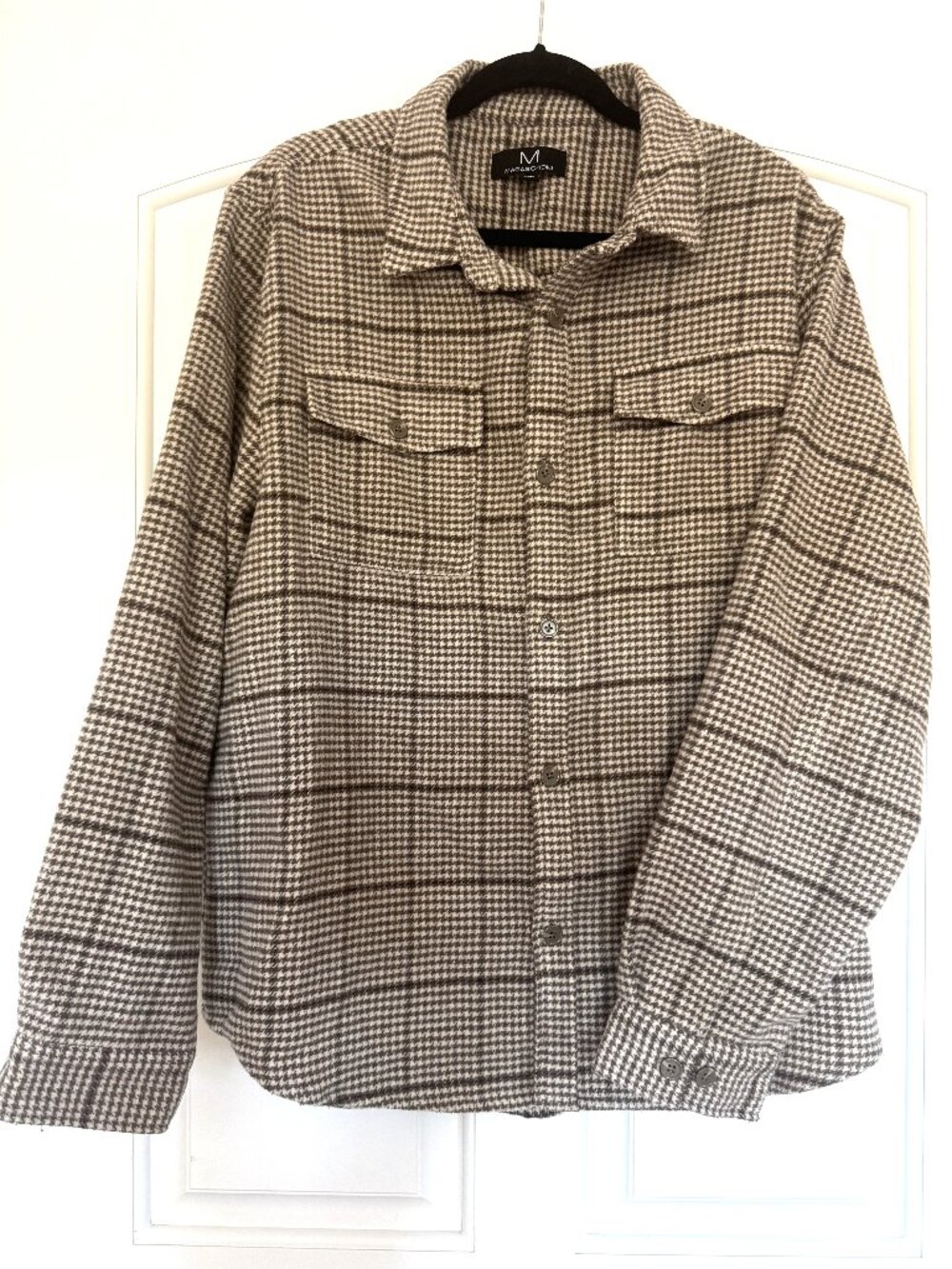Magaschoni XL Mens Plaid Houndstooth Shirt Jacket Brown Shacket Quiet Luxury